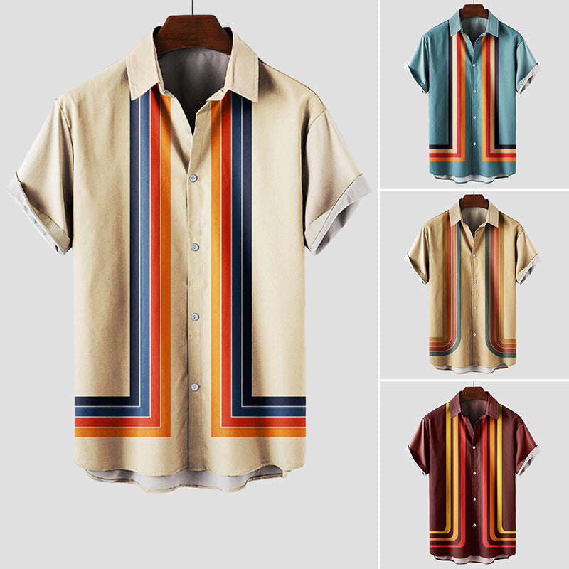 Men's Retro Stripe Short Sleeve Camp Collar Summer Shirt