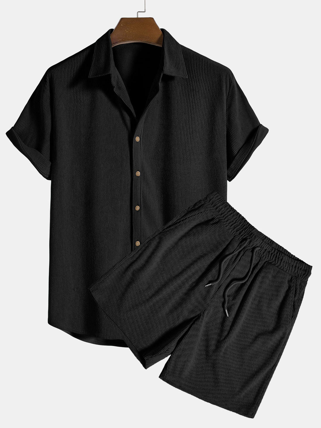 Men's Ribbed Button-Up Shirt and Shorts Set, Summer Two-Piece Co-ord