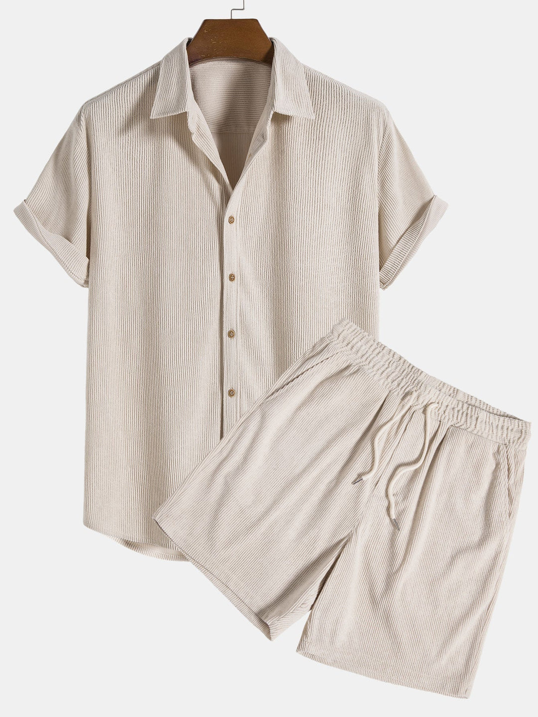 Men's Ribbed Button-Up Shirt and Shorts Set, Summer Two-Piece Co-ord