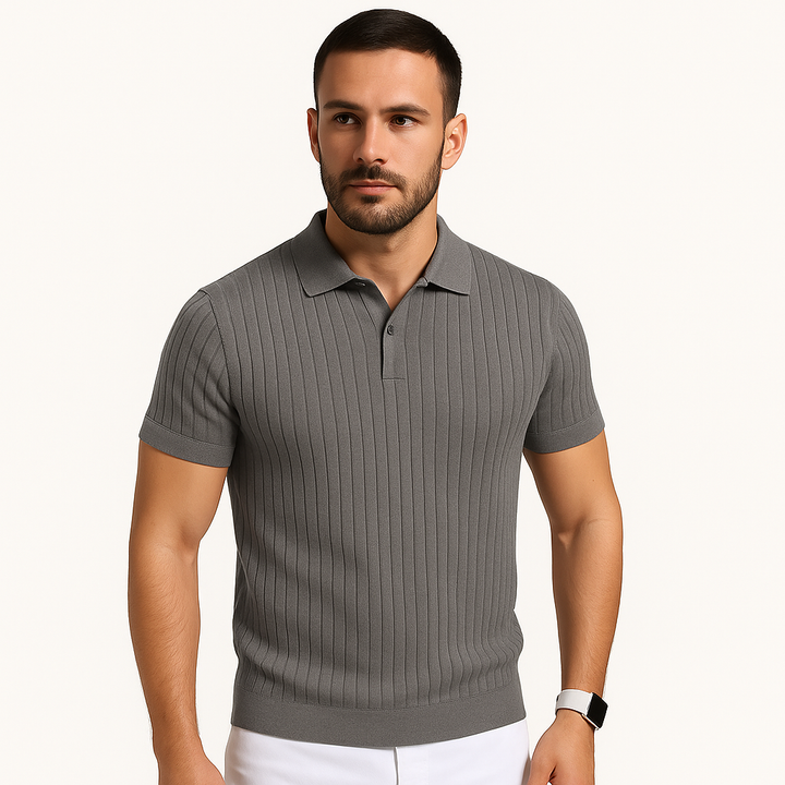 Men's Ribbed Knit Polo Shirt, Short Sleeve Summer Top