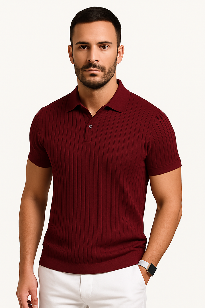 Men's Ribbed Knit Polo Shirt, Short Sleeve Summer Top
