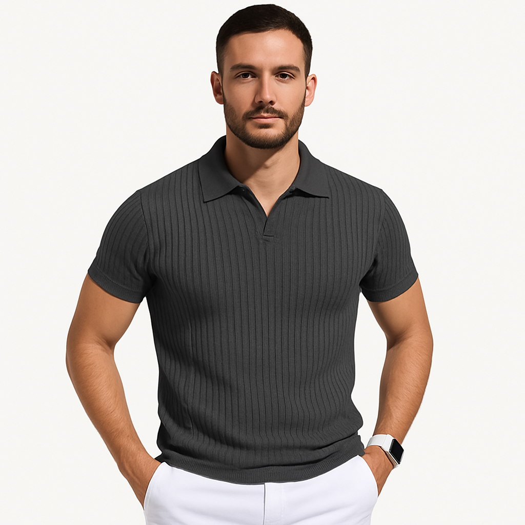 Men's Ribbed Knit Polo Shirt, Short Sleeve Summer Top