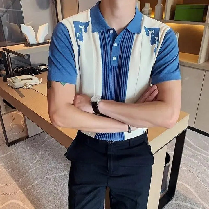 Men's Ribbed Panel Polo Shirt, Short Sleeve Summer Top
