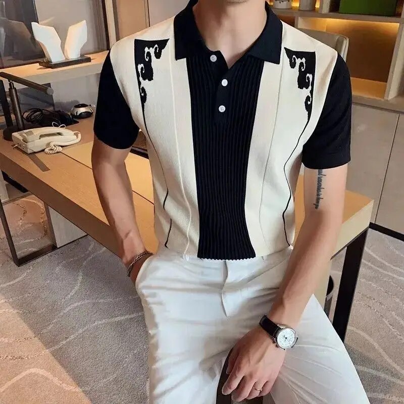 Men's Ribbed Panel Polo Shirt, Short Sleeve Summer Top