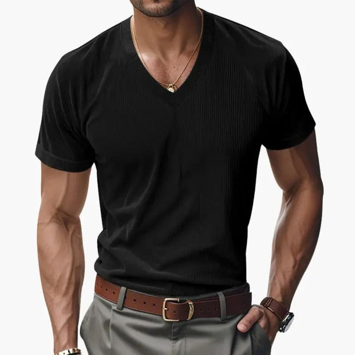 Men's Ribbed V-Neck T-Shirt - Short Sleeve Summer Knit Tee