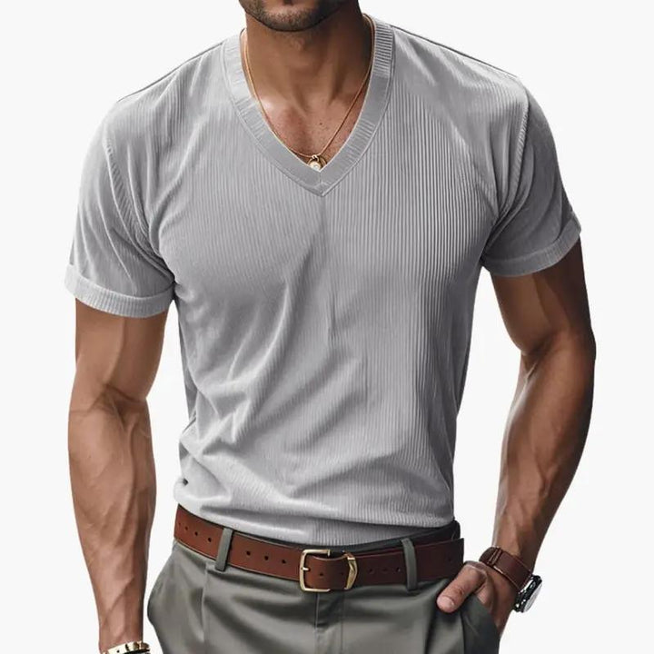 Men's Ribbed V-Neck T-Shirt - Short Sleeve Summer Knit Tee
