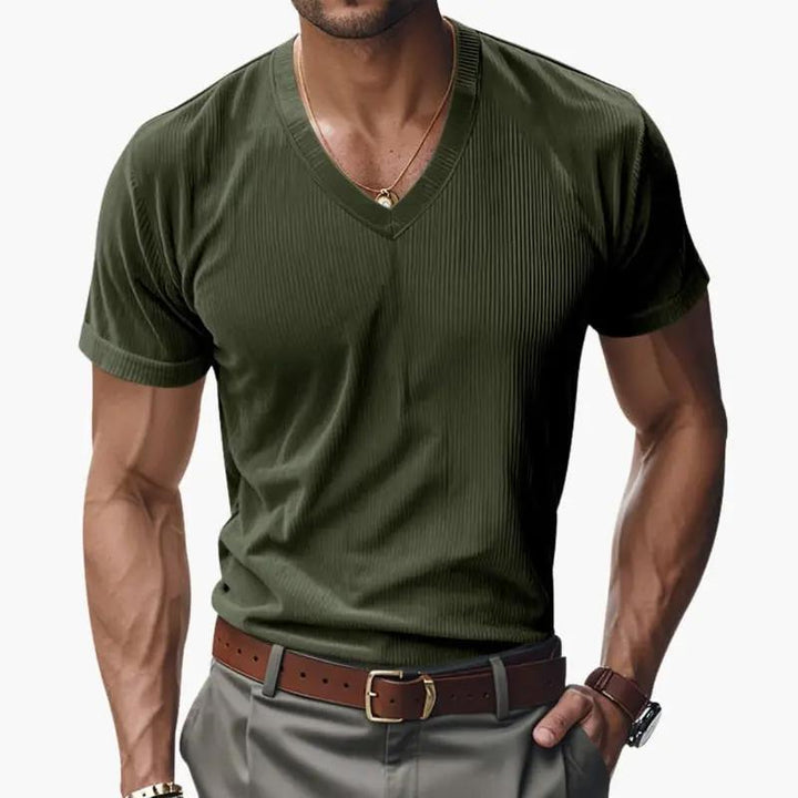 Men's Ribbed V-Neck T-Shirt - Short Sleeve Summer Knit Tee