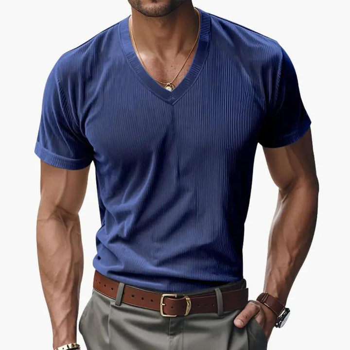 Men's Ribbed V-Neck T-Shirt - Short Sleeve Summer Knit Tee