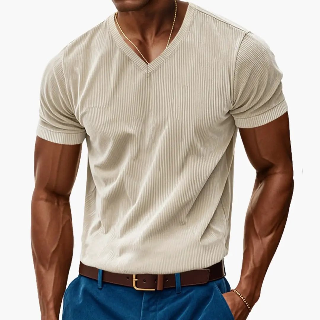Men's Ribbed V-Neck T-Shirt - Short Sleeve Summer Knit Tee