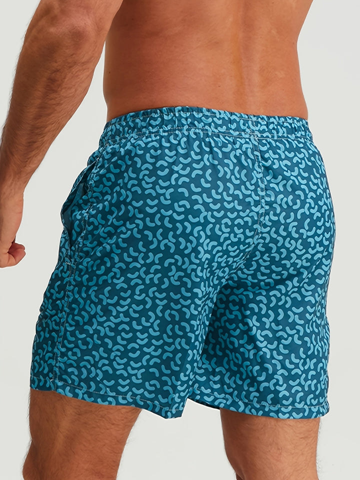 Men's Sea Blue Printed Quick-Dry Summer Swim Shorts Drawstring