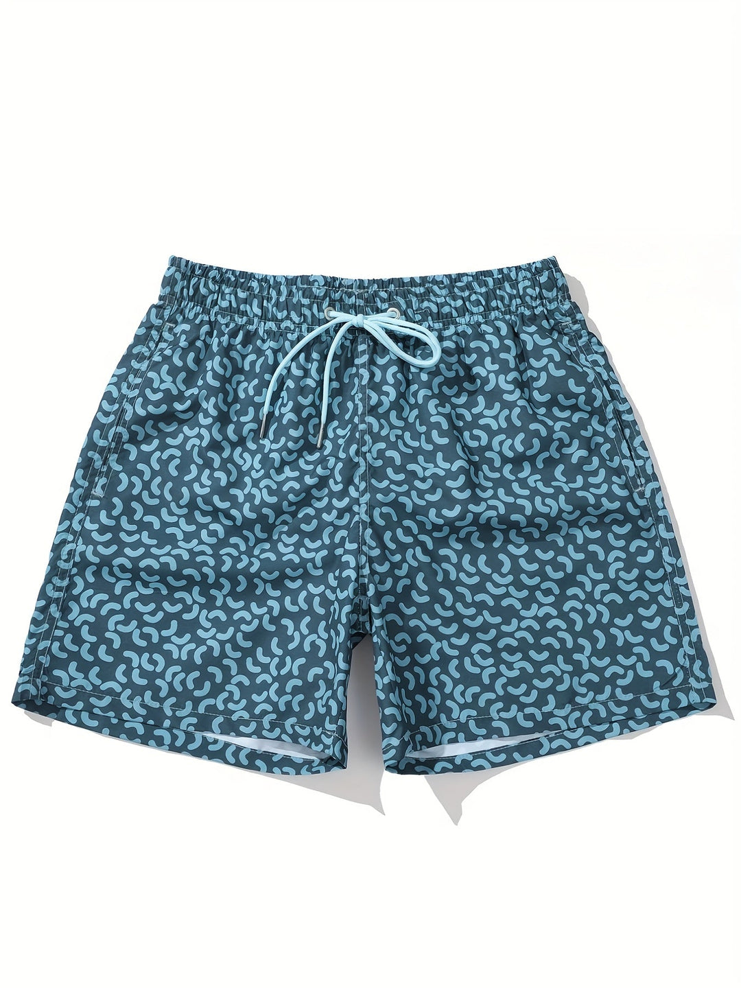 Men's Sea Blue Printed Quick-Dry Summer Swim Shorts Drawstring