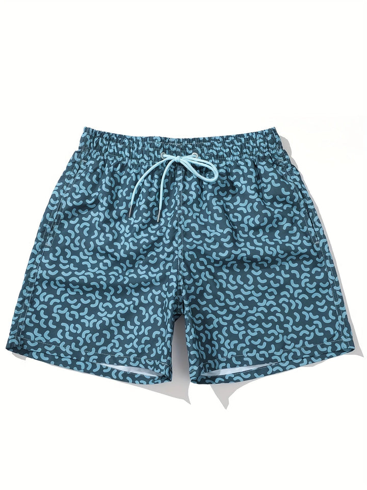 Men's Sea Blue Printed Quick-Dry Summer Swim Shorts Drawstring