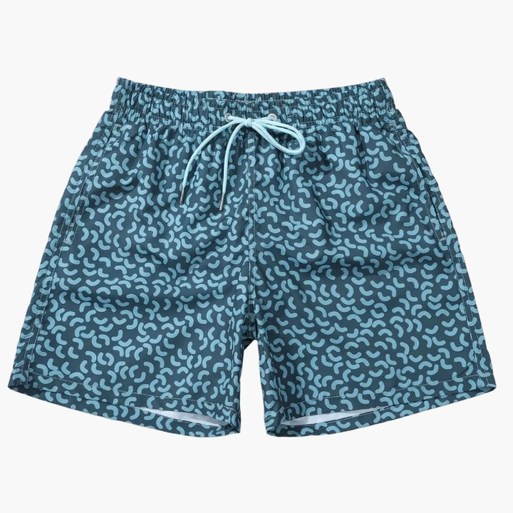 Men's Sea Blue Printed Quick-Dry Summer Swim Shorts Drawstring
