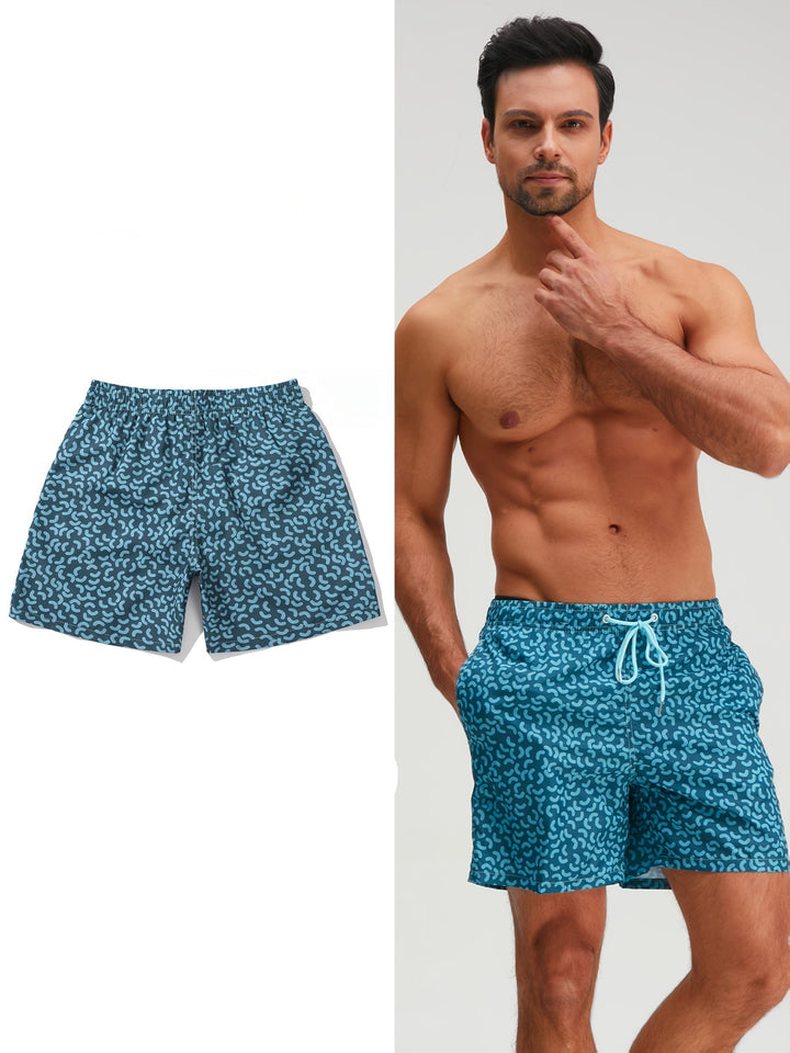 Men's Sea Blue Printed Quick-Dry Summer Swim Shorts Drawstring