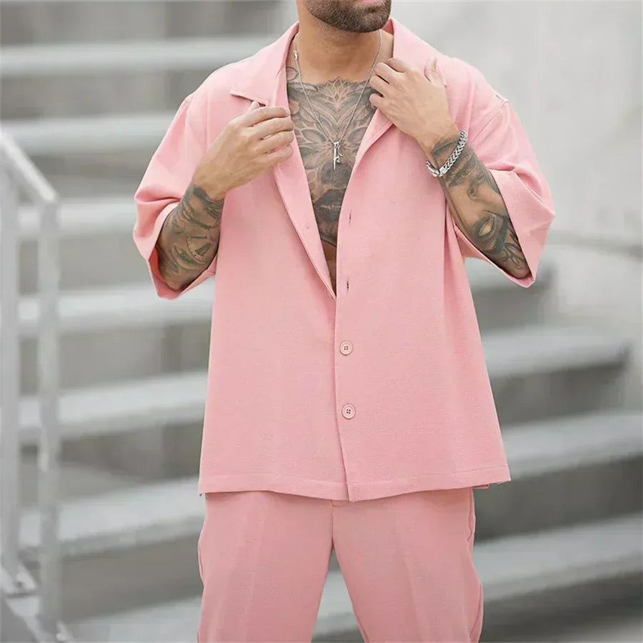 Men's Short Sleeve Shirt and Pants Set, Casual Summer Two-Piece Co-ord