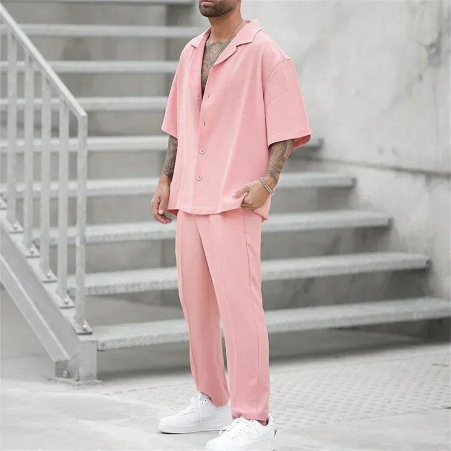 Men's Short Sleeve Shirt and Pants Set, Casual Summer Two-Piece Co-ord
