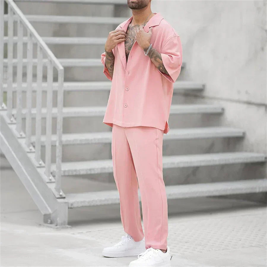 Men's Short Sleeve Shirt and Pants Set, Casual Summer Two-Piece Co-ord