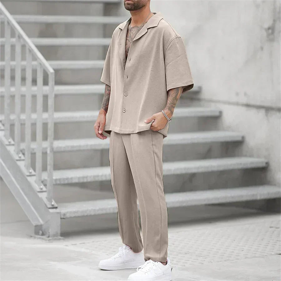 Men's Short Sleeve Shirt and Pants Set, Casual Summer Two-Piece Co-ord