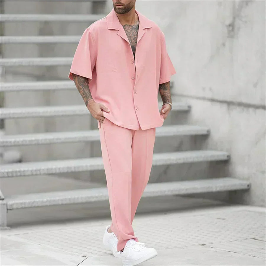 Men's Short Sleeve Shirt and Pants Set, Casual Summer Two-Piece Co-ord