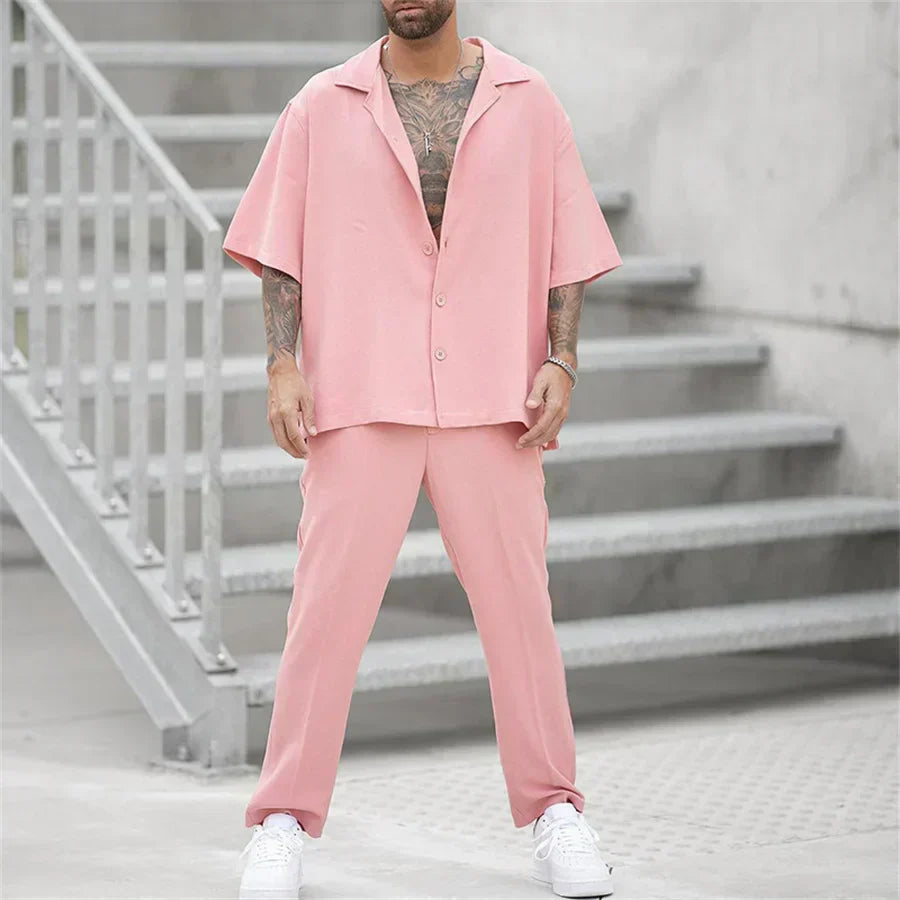Men's Short Sleeve Shirt and Pants Set, Casual Summer Two-Piece Co-ord