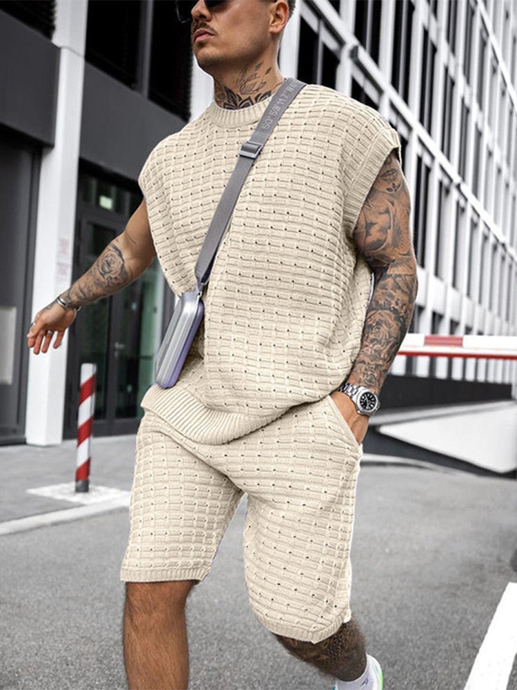 Men's Sleeveless Knit Top & Shorts Set, Summer Co-ord