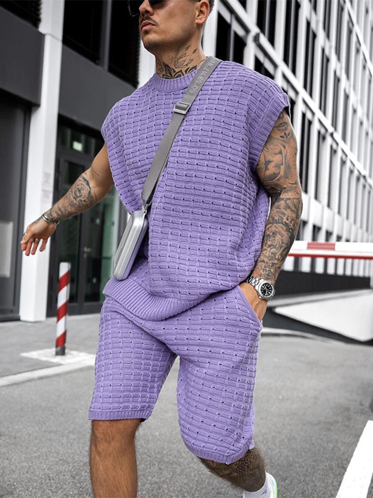 Men's Sleeveless Knit Top & Shorts Set, Summer Co-ord