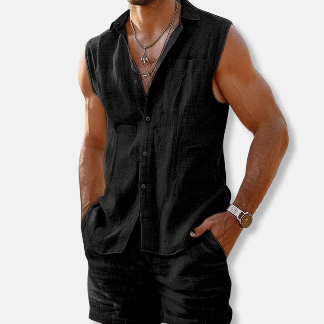Men's Sleeveless Linen Shirt and Shorts Set, Summer Beach Co-ord