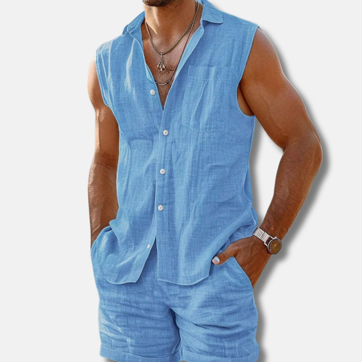 Men's Sleeveless Linen Shirt and Shorts Set, Summer Beach Co-ord