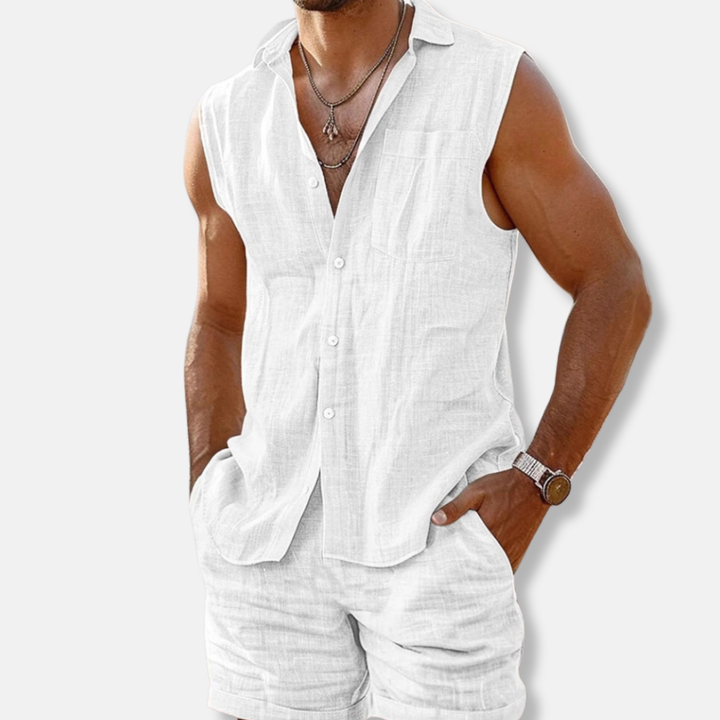 Men's Sleeveless Linen Shirt and Shorts Set, Summer Beach Co-ord