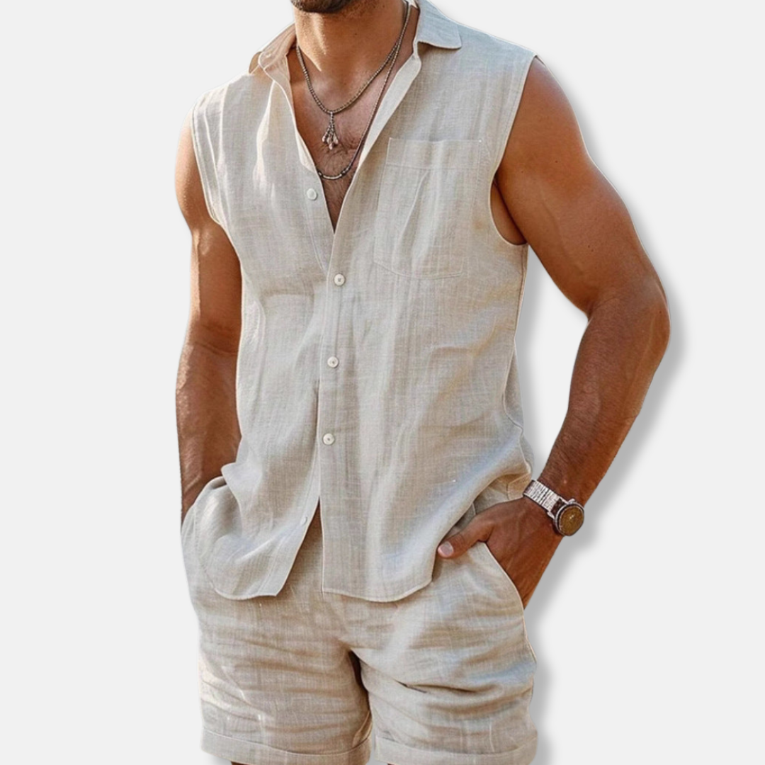 Men's Sleeveless Linen Shirt and Shorts Set, Summer Beach Co-ord