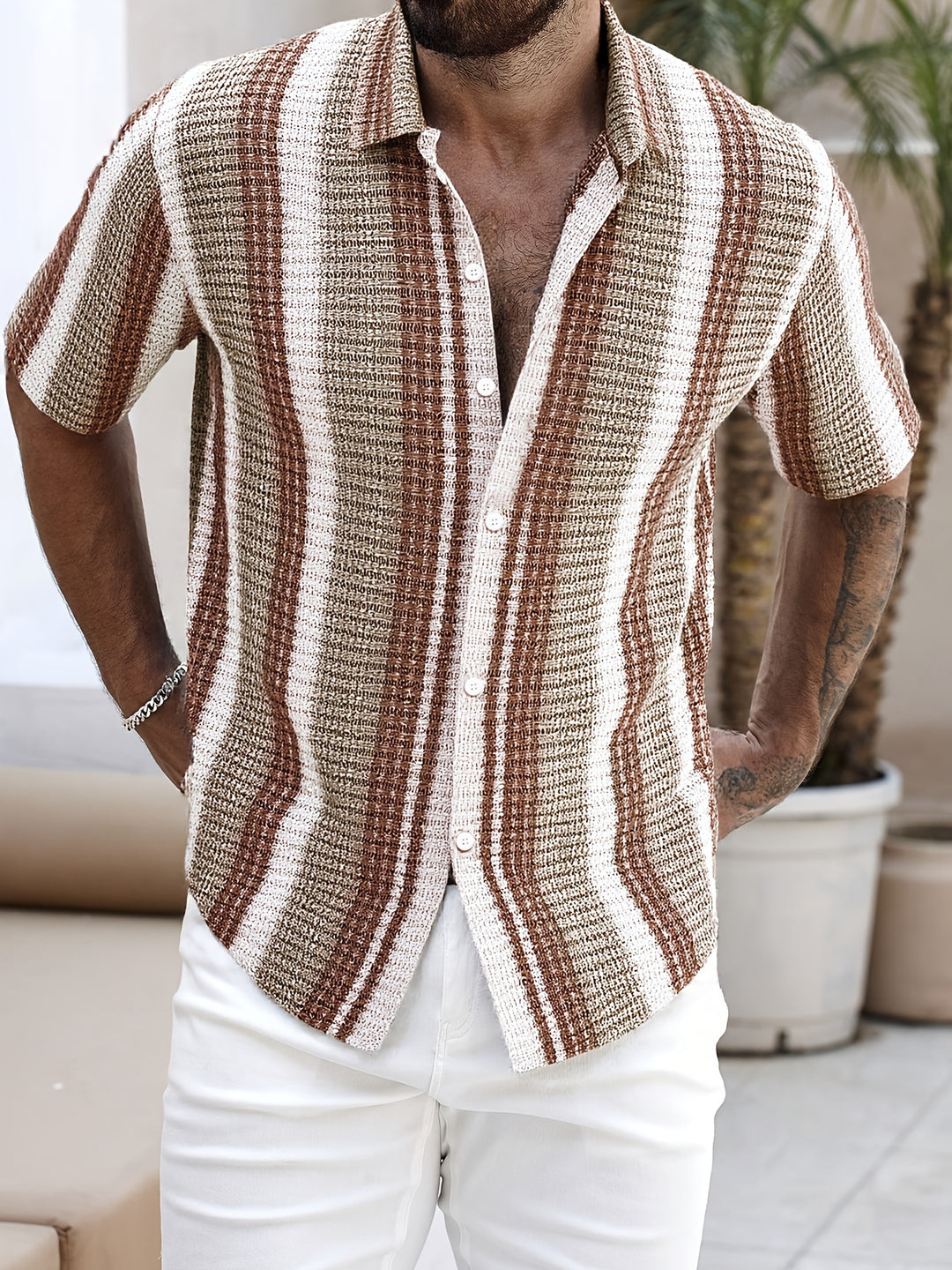 Men's Striped Camp Collar Shirt Short Sleeve Button Up Summer Top