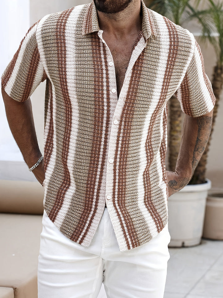 Men's Striped Camp Collar Shirt Short Sleeve Button Up Summer Top