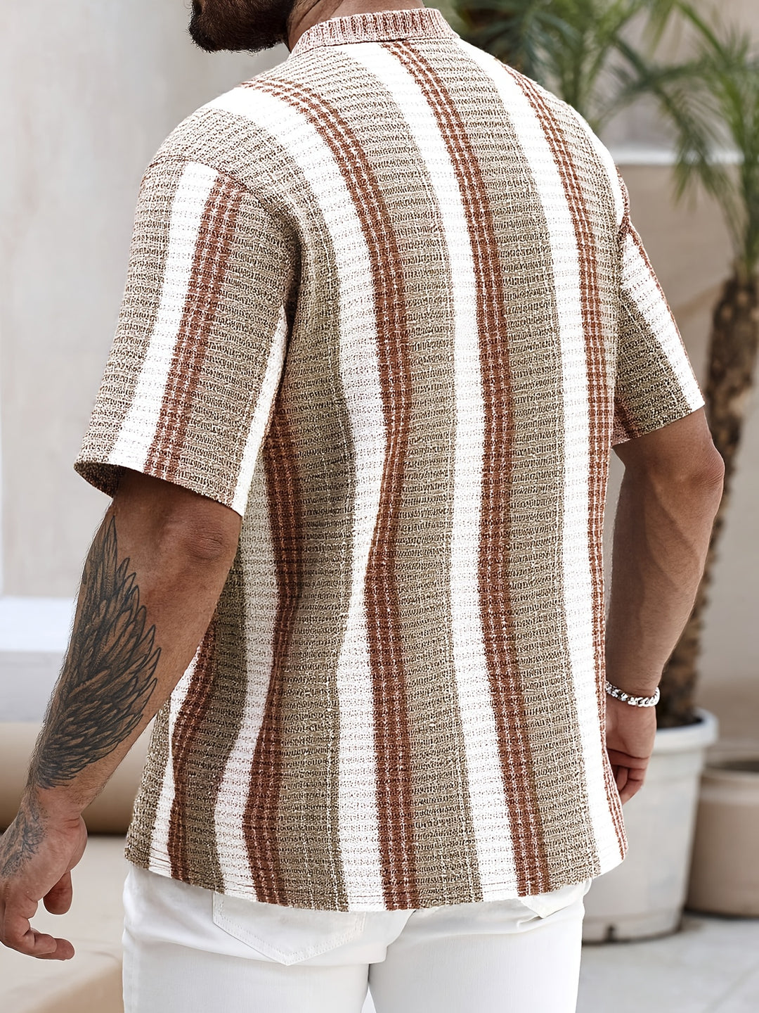 Men's Striped Camp Collar Shirt Short Sleeve Button Up Summer Top