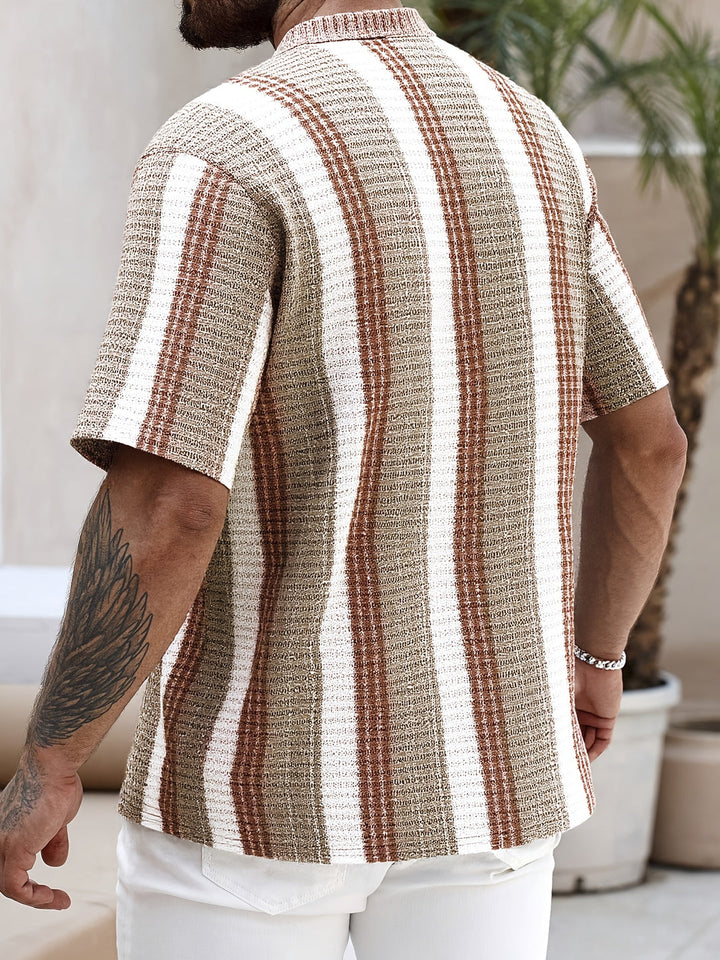 Men's Striped Camp Collar Shirt Short Sleeve Button Up Summer Top