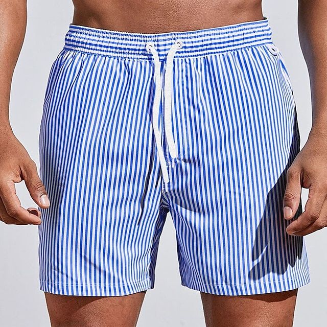 Men's Striped Quick Dry Swim Shorts with Drawstring Waist