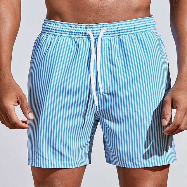 Men's Striped Quick Dry Swim Shorts with Drawstring Waist