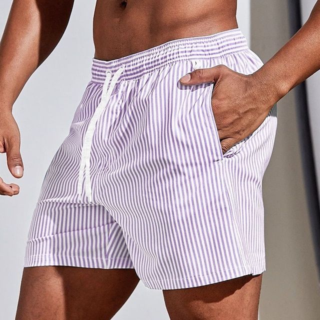 Men's Striped Quick Dry Swim Shorts with Drawstring Waist