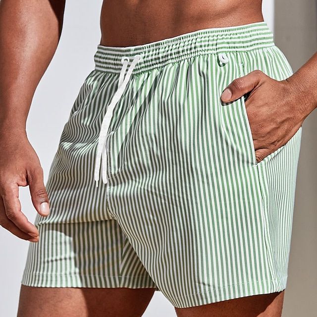 Men's Striped Quick Dry Swim Shorts with Drawstring Waist