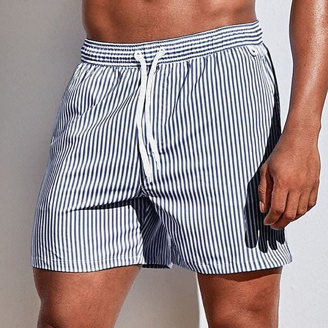 Men's Striped Quick Dry Swim Shorts with Drawstring Waist
