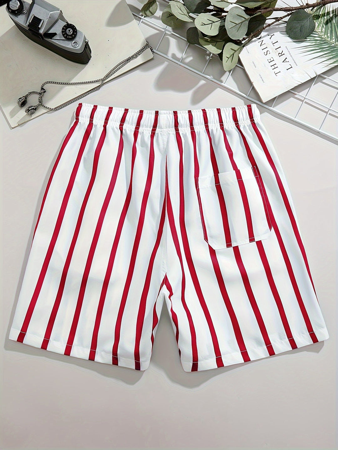 Men's Striped Quick-Dry Swim Shorts with Pockets and Drawstring