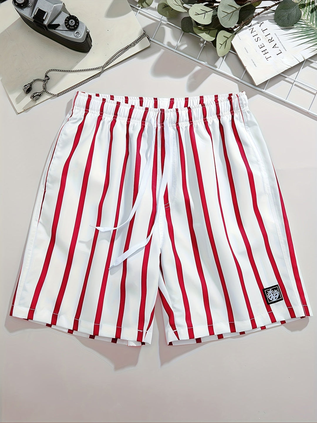 Men's Striped Quick-Dry Swim Shorts with Pockets and Drawstring