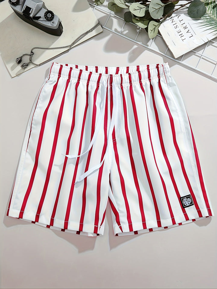 Men's Striped Quick-Dry Swim Shorts with Pockets and Drawstring