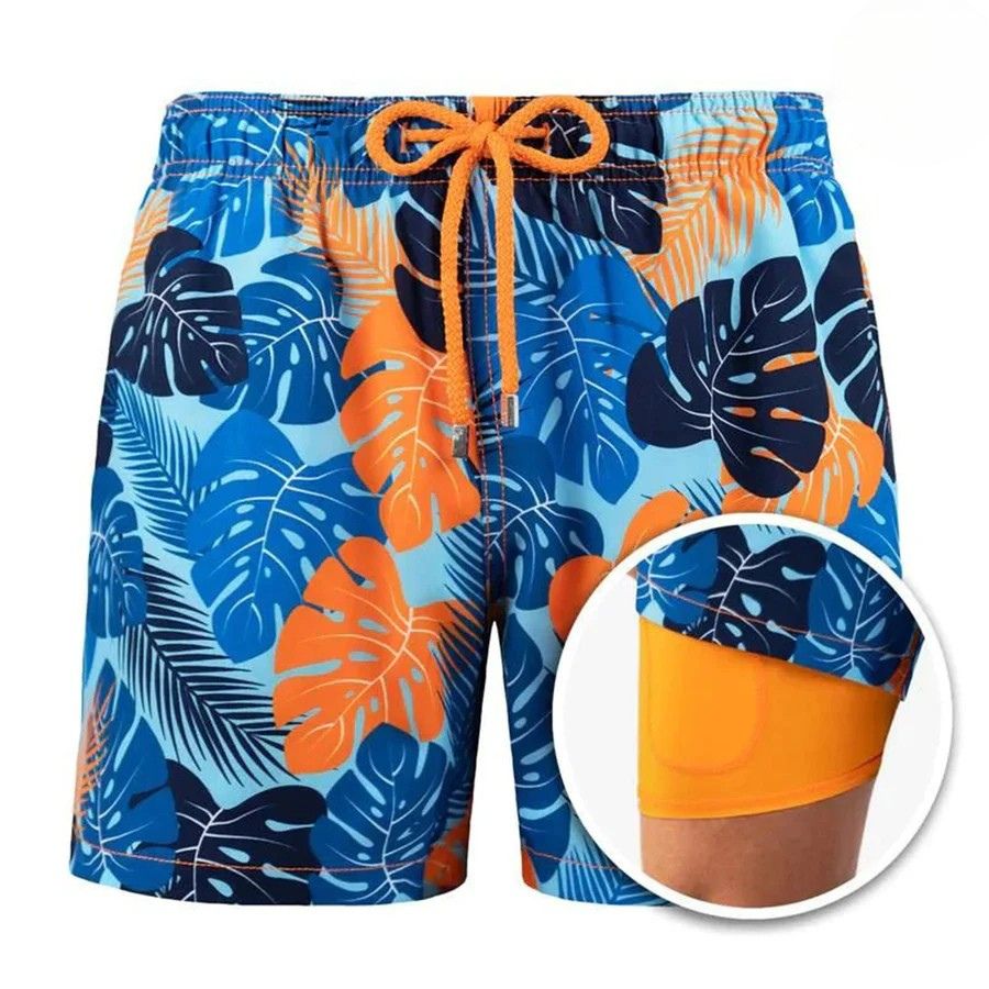 Men's Swim Shorts with Liner and Drawstring Waist, Quick Dry