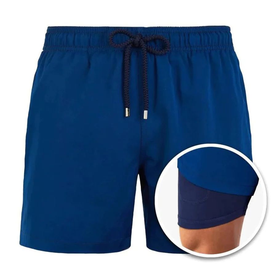 Men's Swim Shorts with Liner and Drawstring Waist, Quick Dry