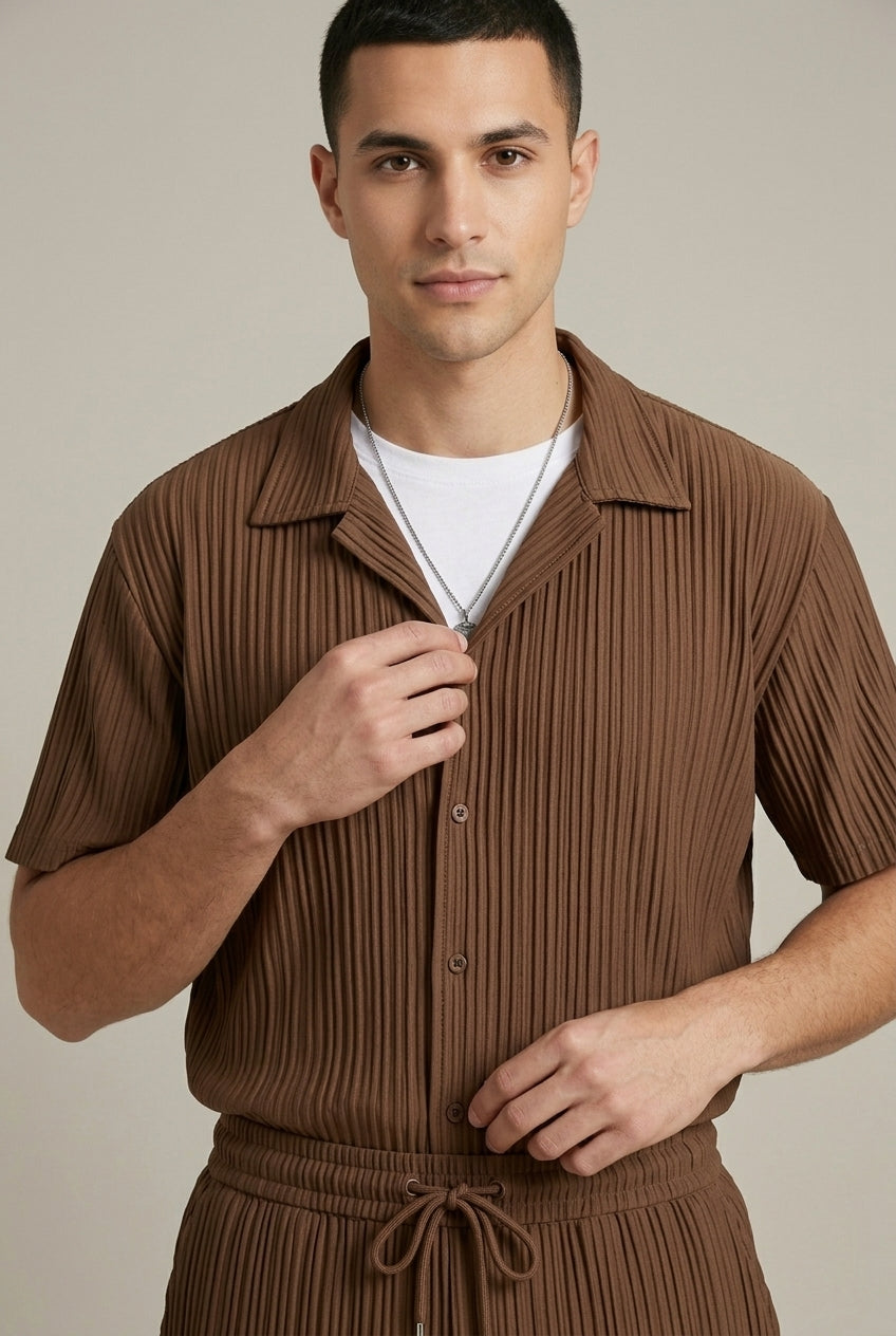 Men's Textured Stripe Shirt and Pants Set, Casual Summer Two-Piece