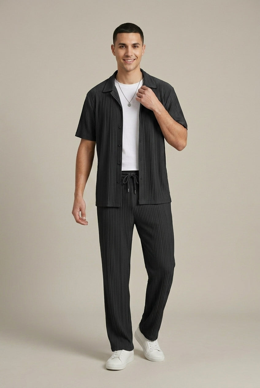 Men's Textured Stripe Shirt and Pants Set, Casual Summer Two-Piece