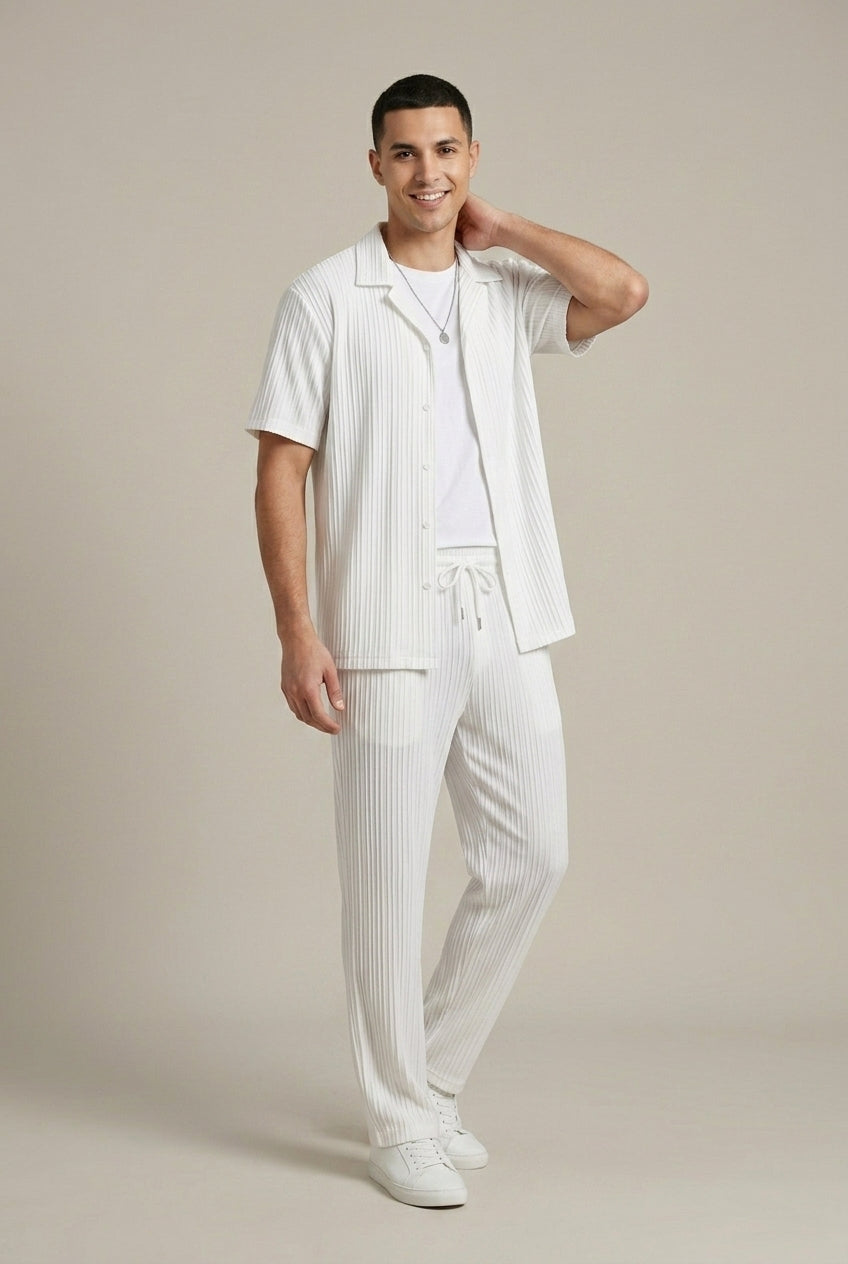 Men's Textured Stripe Shirt and Pants Set, Casual Summer Two-Piece