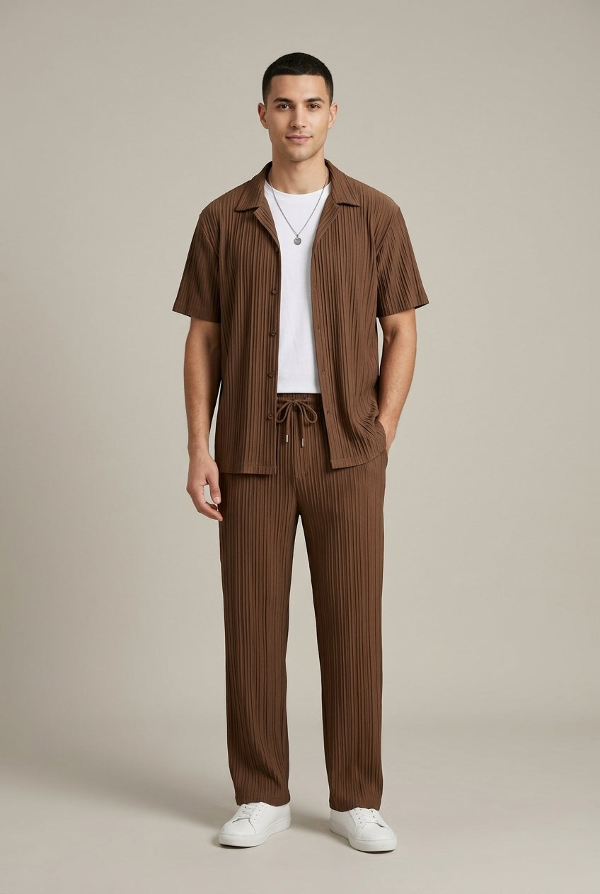 Men's Textured Stripe Shirt and Pants Set, Casual Summer Two-Piece