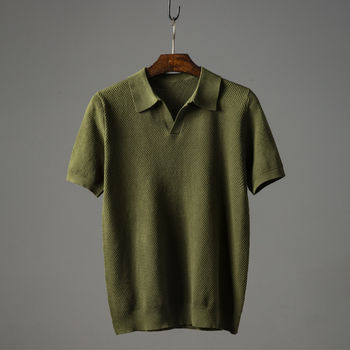 Men's Textured V-Neck Short Sleeve Polo Shirt for Summer