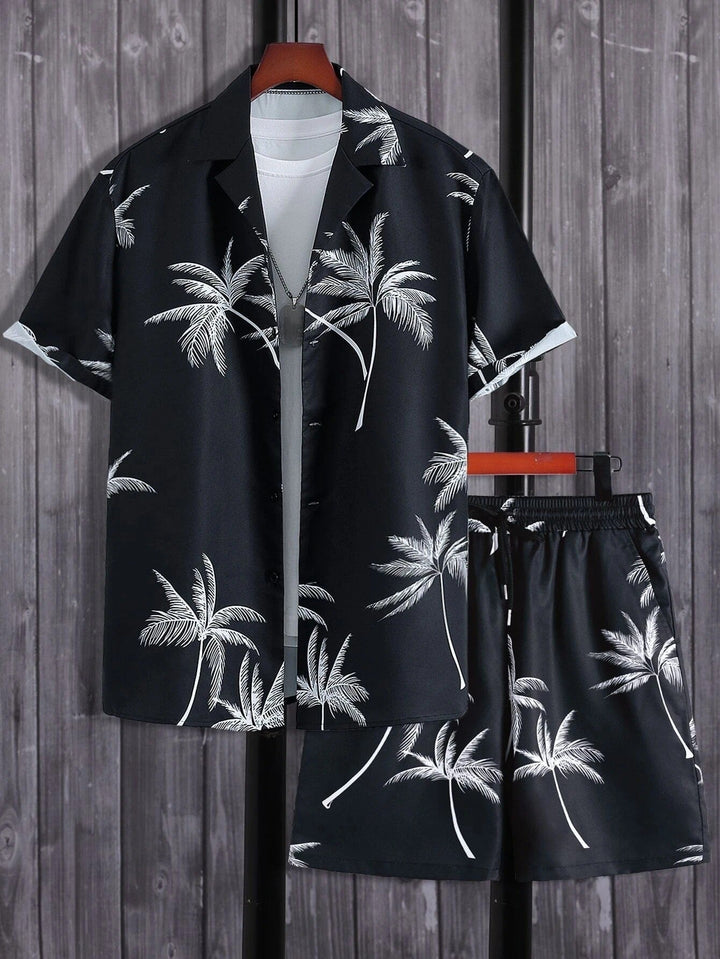 Men's Tropical Palm Print Shirt and Shorts Set, Summer Vacation Co-ord
